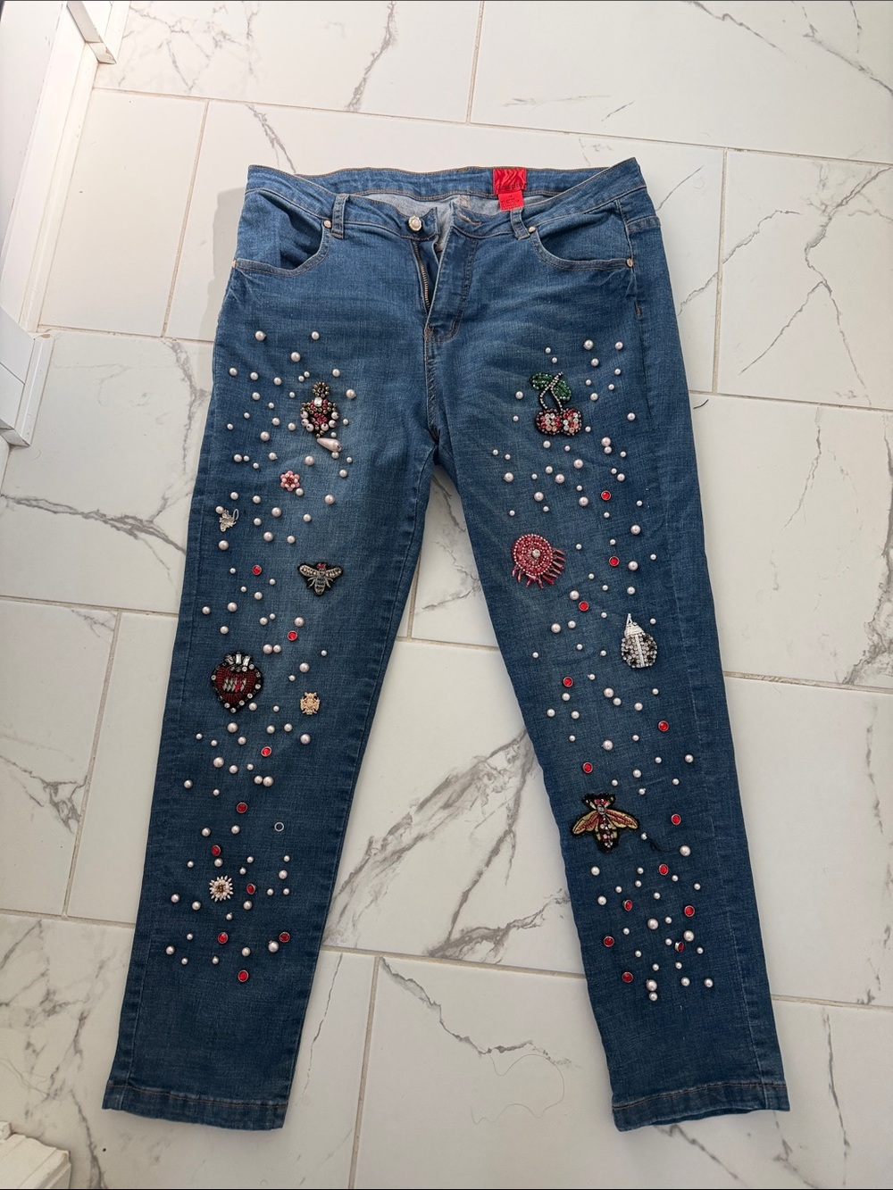 Embellished Blue Skinny Women's Jeans with Pearl & Patch Accents